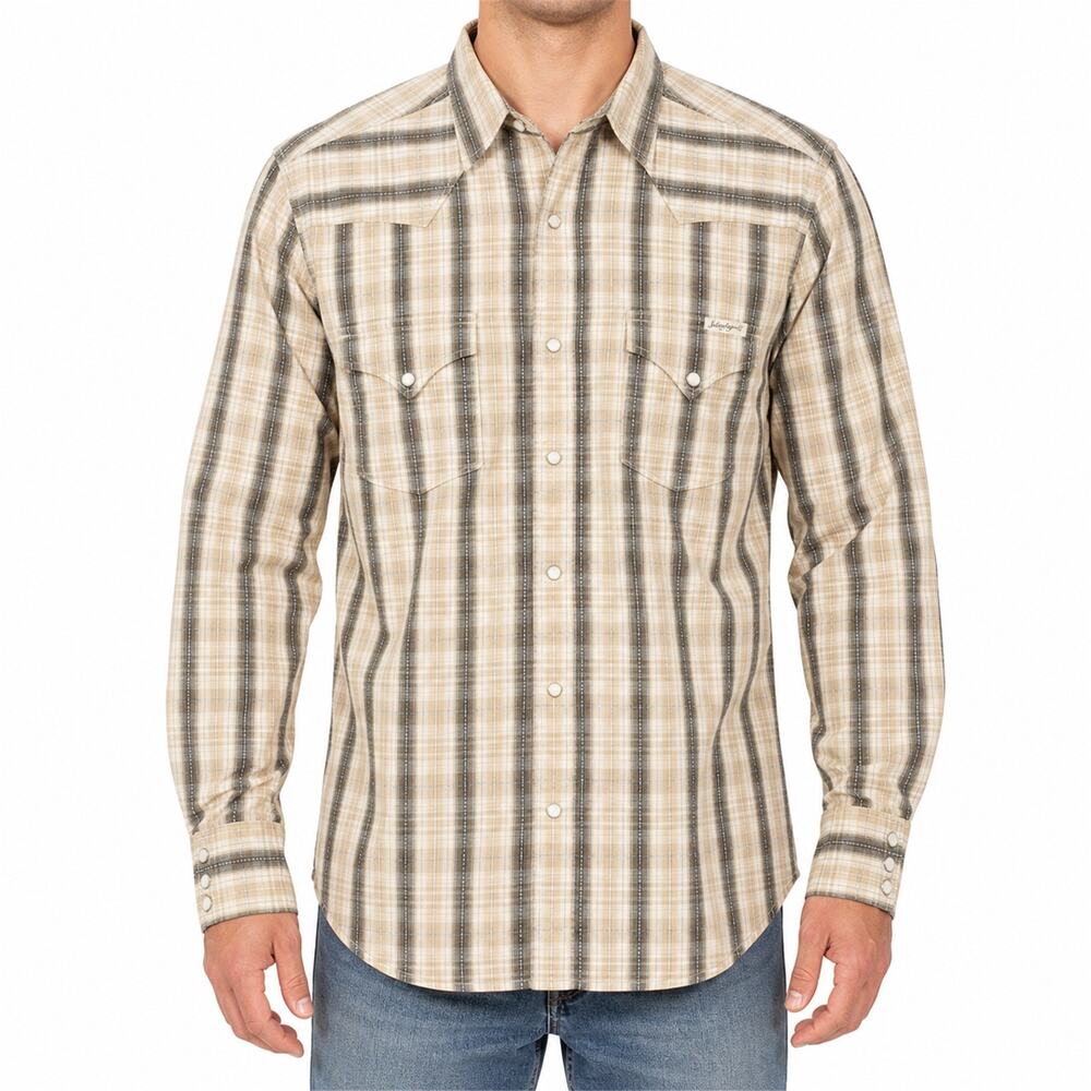 Lucky Brand Shirt Mens Large Beige Brown Plaid Western Pearl Snap Cotton Cowboy